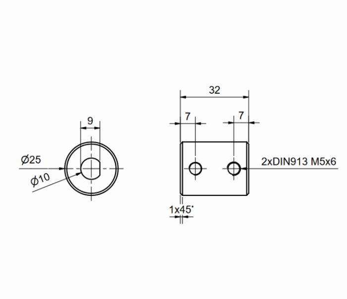 Axelkrage Aluminium för planfrästa axlar ⌀10mm, D25L32